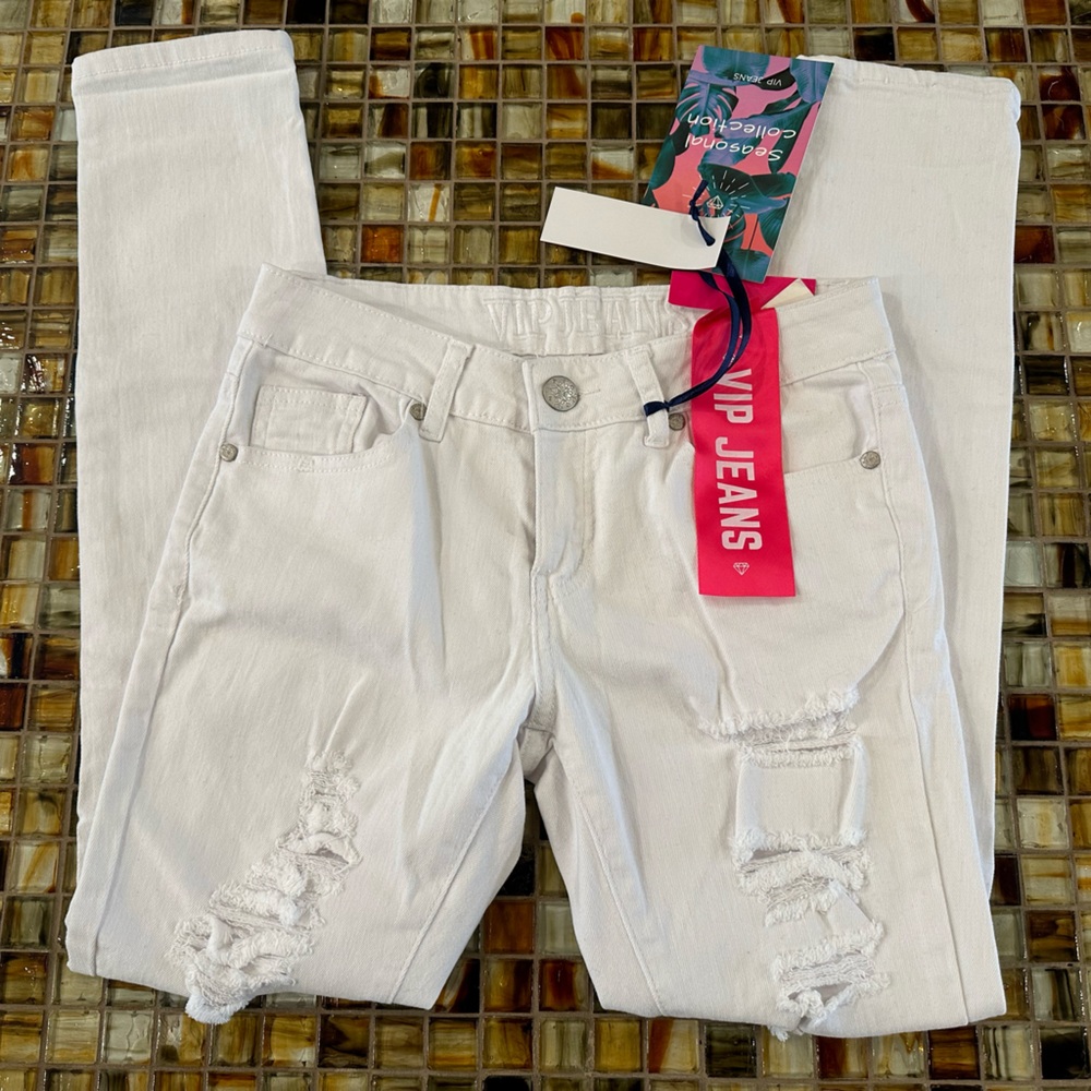 NWT VIP Jeans Seasonal Collection White Distressed Mid Rise Skinny Jeans~ 1/2